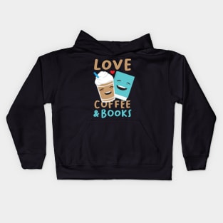 Love coffee and books cute kawaii smiling illustration design Kids Hoodie